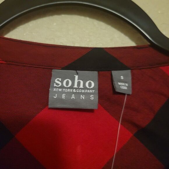 Soho New York & Co.Womens Top Red S Plaid Shirt Waist Tie Shirt New - Picture 3 of 9